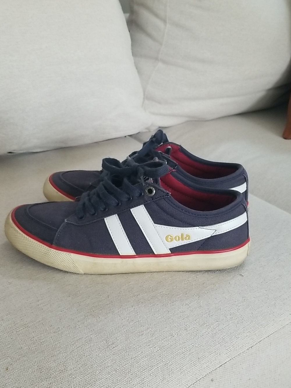 Gola Navy Canvas Sneakers with White Stripes and Red Trim